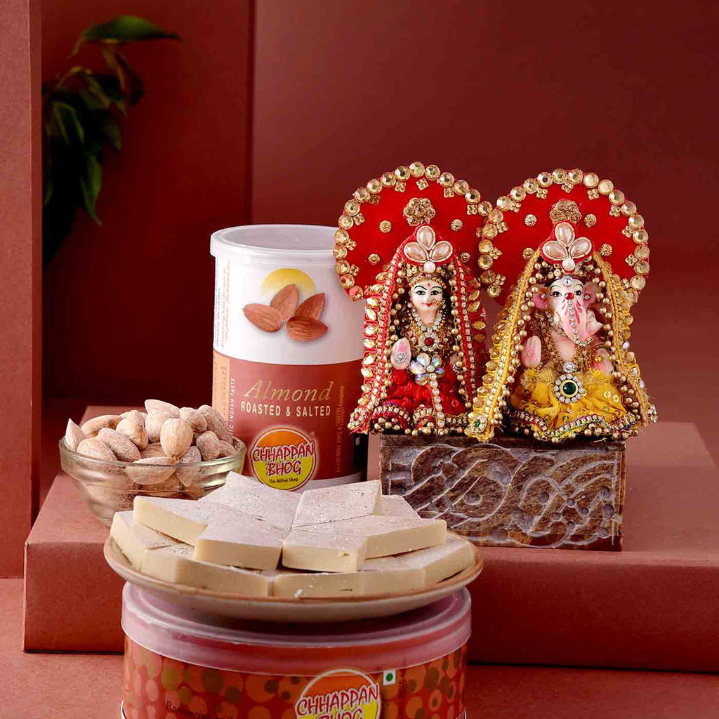 Terracotta Ganesh Lakshmi Idol With Kaju Katli & Salted Almonds