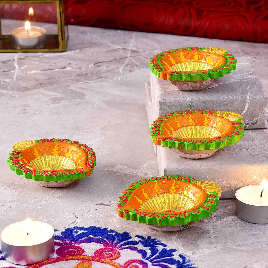 Traditional Set Of 4 Handpainted Diyas