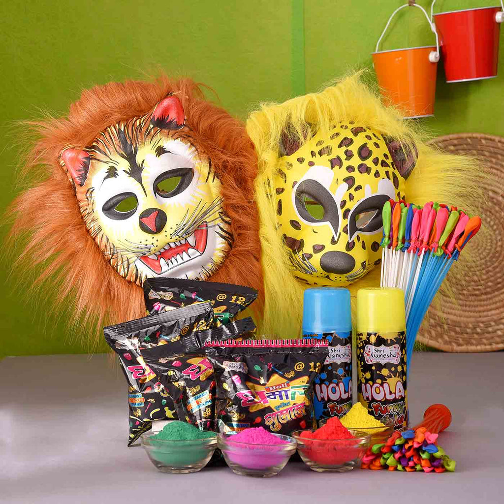 Holi Special Hamper Of Lion Masks, Hola Colour Spray,  Ballon Blower & Fragrant Gulal
