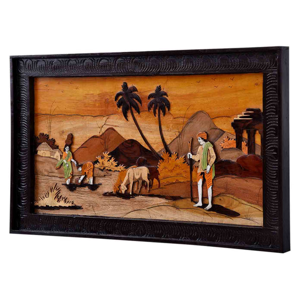 Serene Rural Life Mysore Rosewood Inlay Painting (18*30*1.7 Inches)