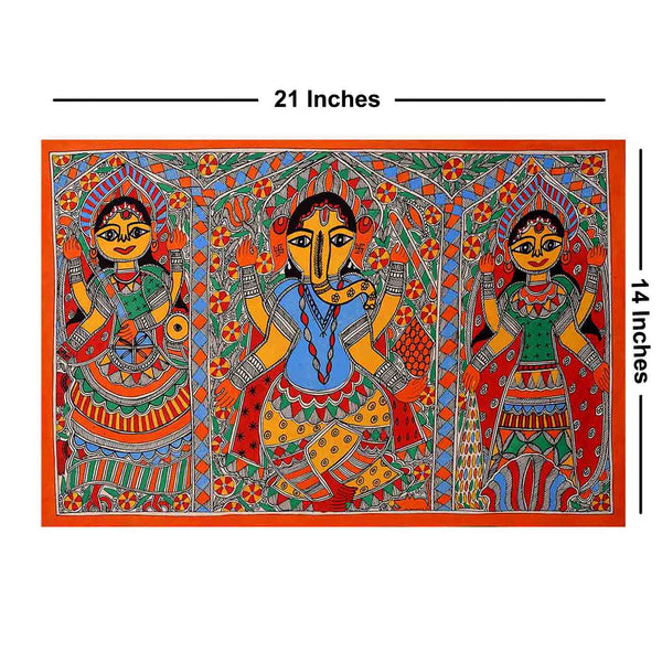 Triad Deities Ganesh Lakshmi Saraswati Madhubani Painting (21*14 Inches)