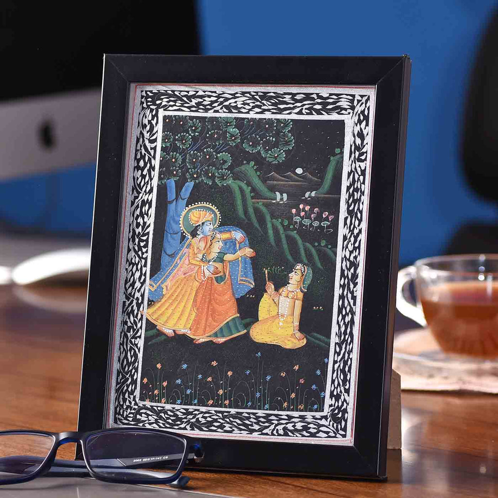 Affectionate Radha-Krishna Desktop Painting (Framed, 5.5*7.5 Inches)