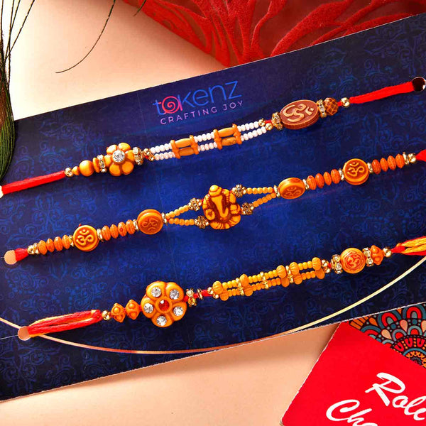 Wooden Beads Rakhis Set Of 3 With Soan Puff & Pooja Thali