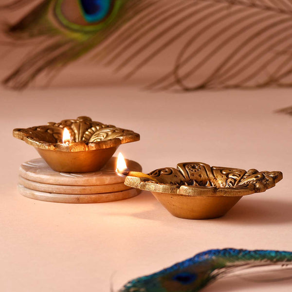 Beautifully Carved Set Of 2 Brass Diyas
