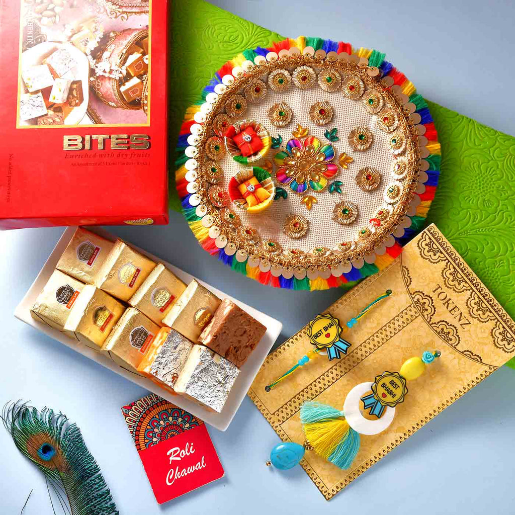 Bhaiya Bhabhi Rakhi Set With Mewa Bites & Pooja Thali