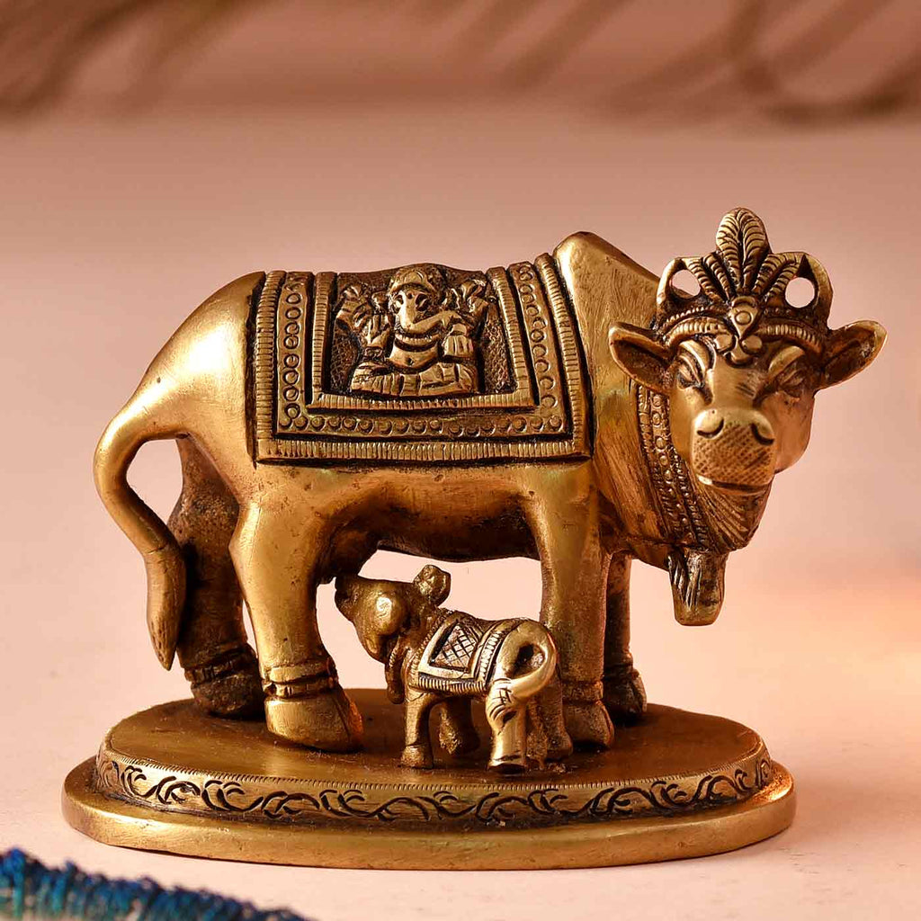 Divine Kamdhenu Cow Calf Brass Idol