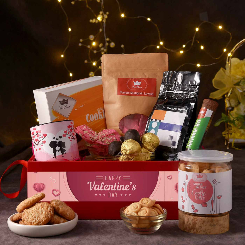 Tempting Valentines Hamper Of Lavash Multigrain, Chocolates, Cookies, Jasmine Tea & Dates