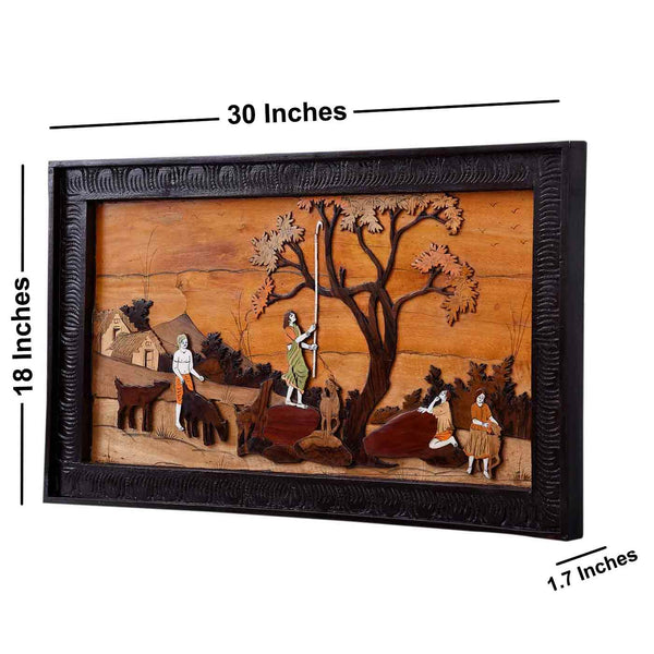 Lifelike Rural Mysore Rosewood Inlay Painting (18*30*1.7 Inches)