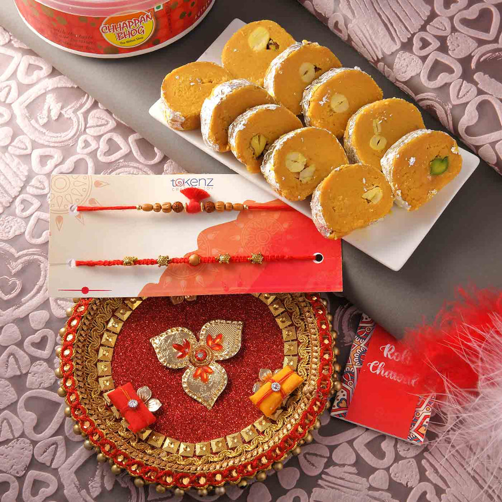 Rakhi Set Of 2 With Batisha Slice & Thali
