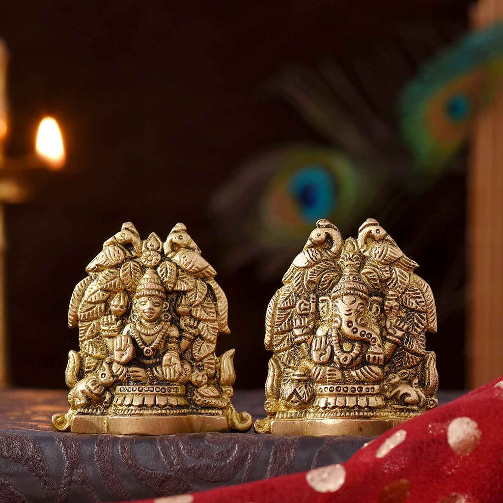 Peacock themed Lakshmi & Ganesha Brass Idols