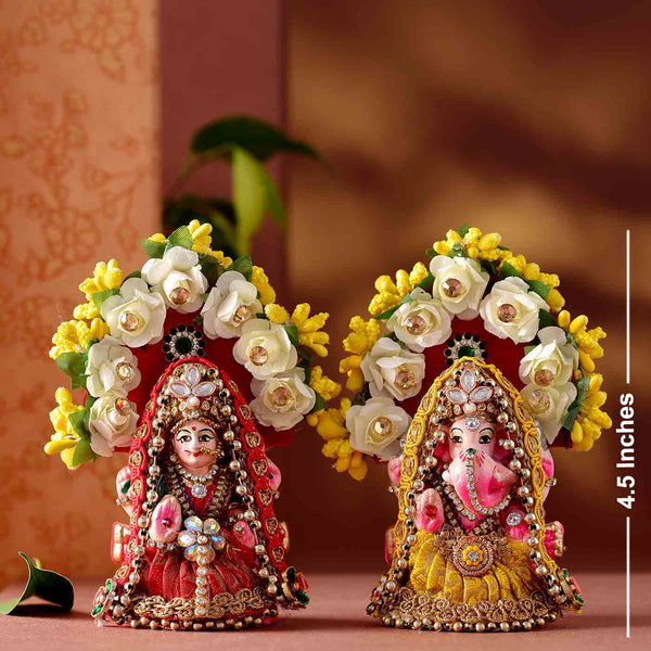 Floral Ganesh Lakshmi Idol With Besan Ladoo