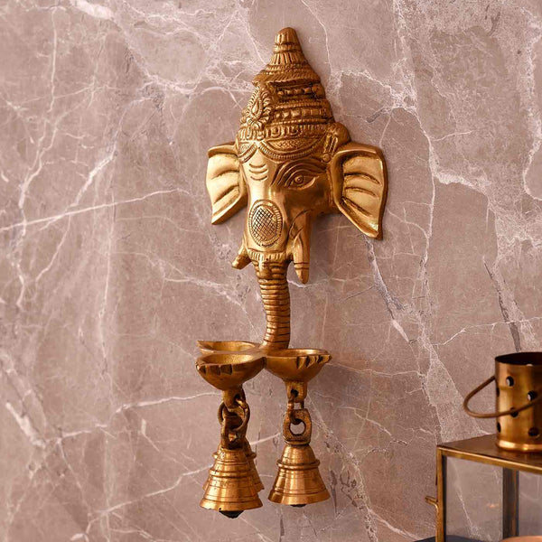 Divine Brass Ganesha Face With 3 Diyas