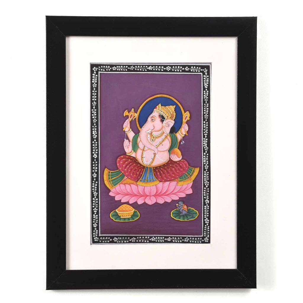 Elegant Ganesha On Lotus Framed Painting (10.5*13.5 Inches)