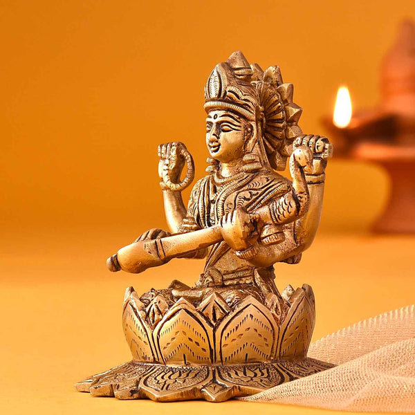 Divine Goddess Of Knowledge Saraswati Brass Idol
