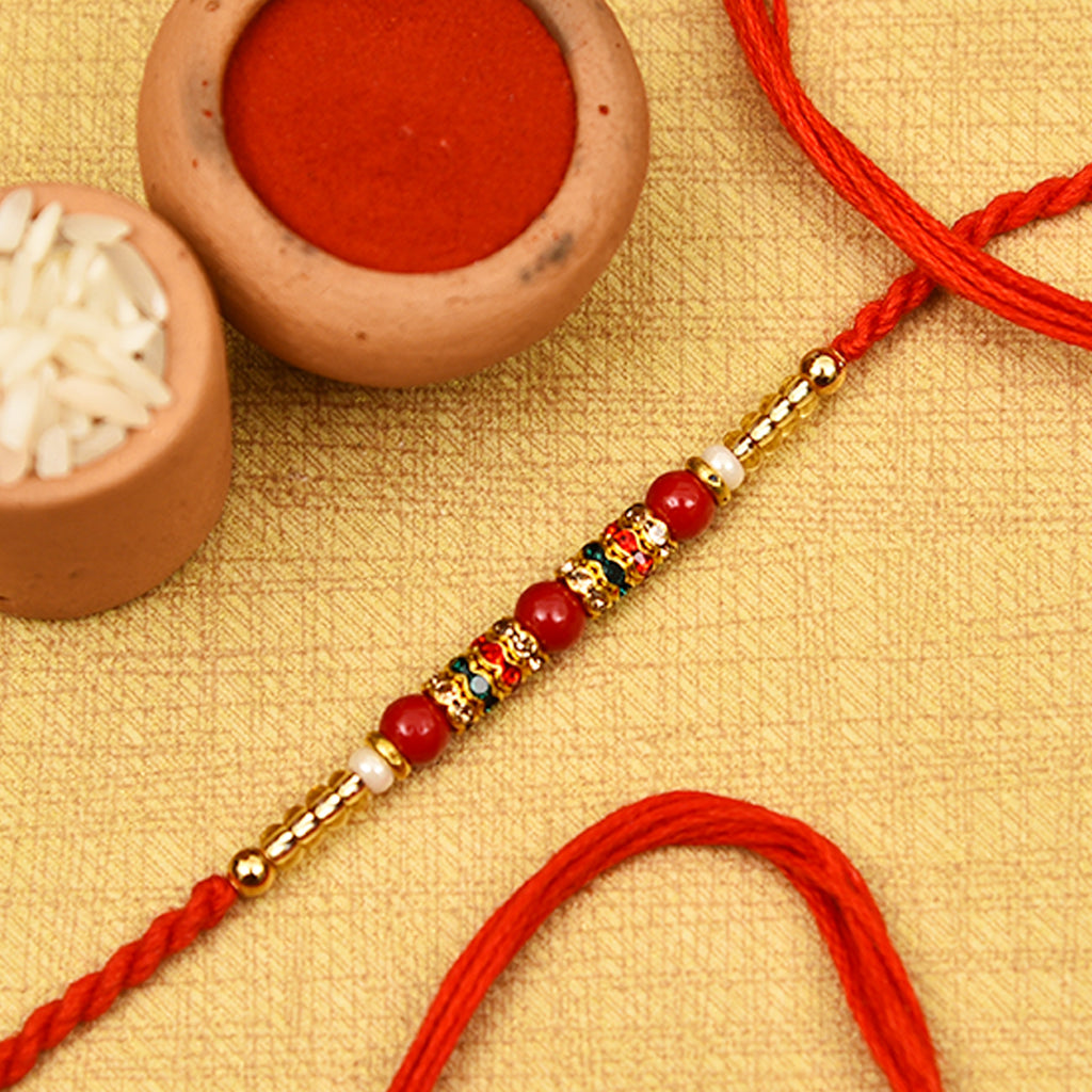 Attractive Red Beads & Stone Work Rakhi