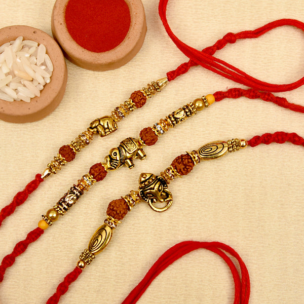 Ethnic Antique Gold Finish Set Of 3 Rudraksh Rakhis