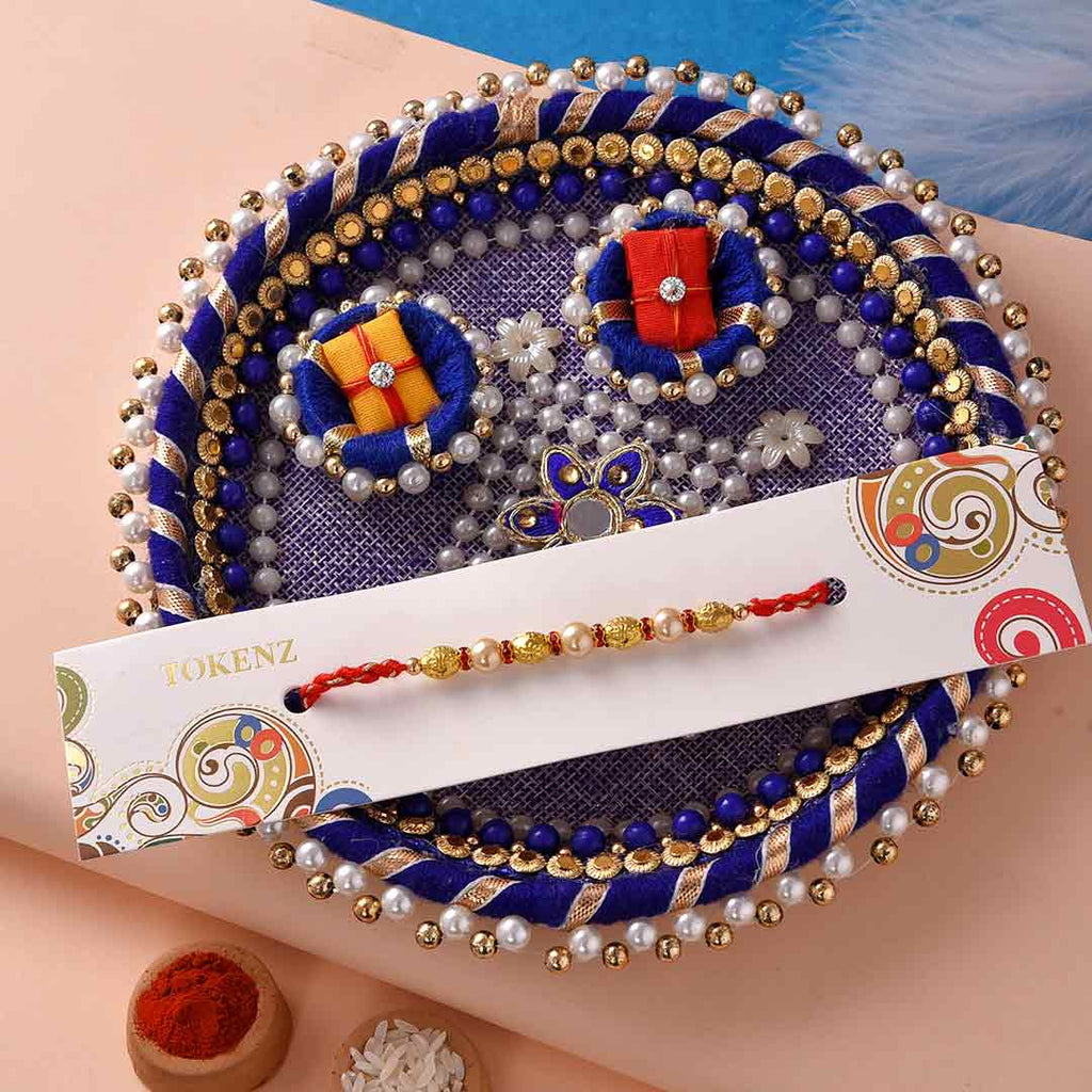 Striking Beads & Pearls Rakhi With Decorative Pooja Thali