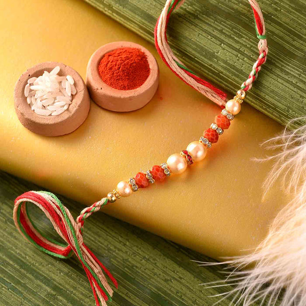 Attractive Pearls & Beads Work Rakhi With Mewa Bite