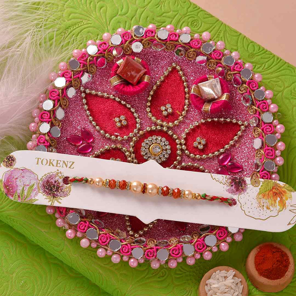 Beautiful Pearls & Crystal Rakhi With Alluring Pooja Thali