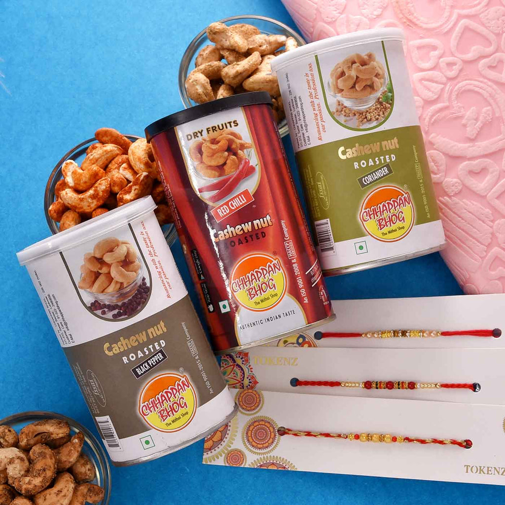 Beautiful Set Of 3 Rakhis With CANs Of Flavored Cashewnuts