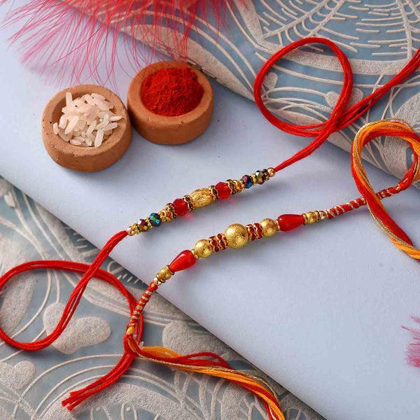 Stylish Beads Work Set Of 2 Rakhis With Mathura Peda & Cashewnuts