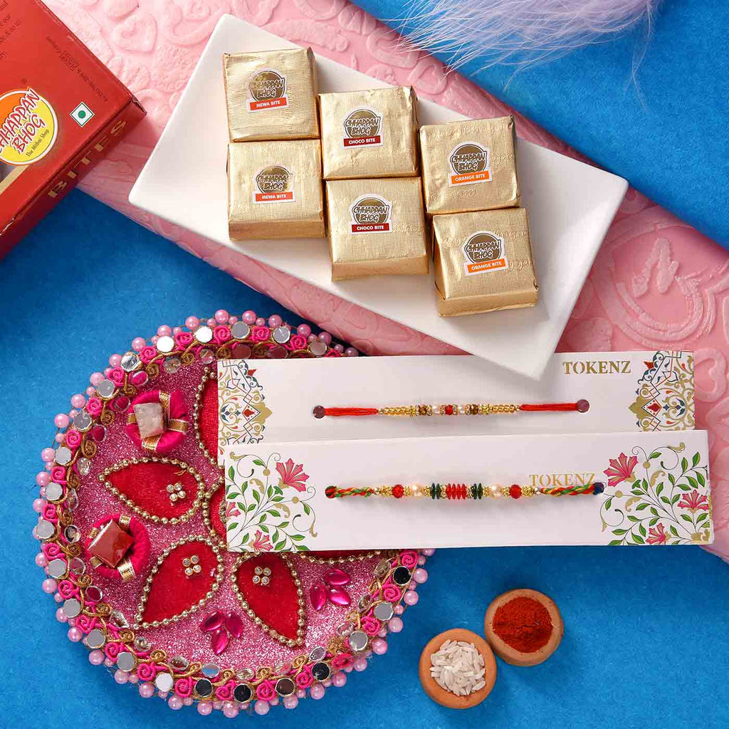Charming Beads Rakhi With Mewa Bites & Pooja Thali