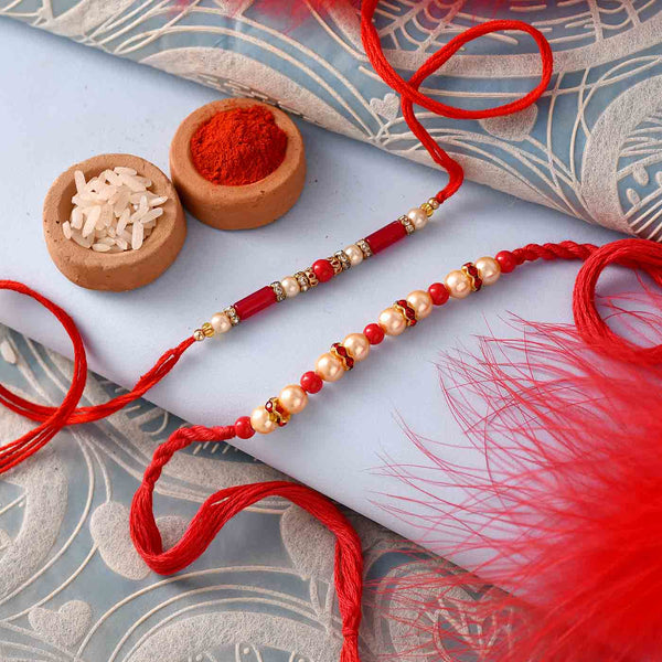 Colourful Pooja Thali, Set Of 2 Pearls & Beads Rakhis With Kaju Barfi