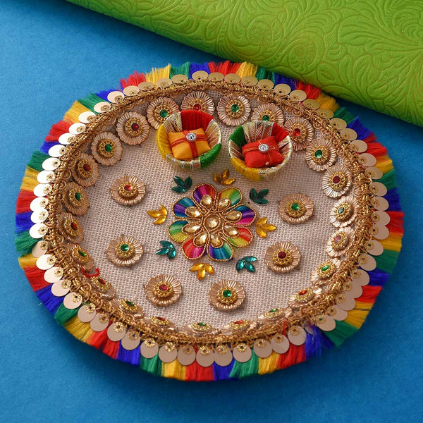 Beautiful Set Of 2 Pearls Rakhi With Colourful Thali