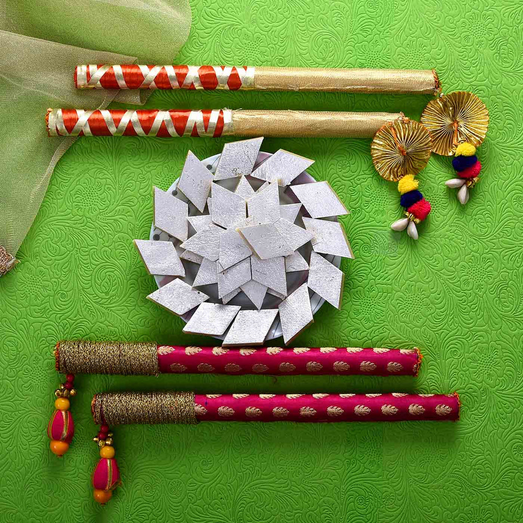 Gorgeous 2 Pairs of Dandiya Sticks With Kaju Barfee