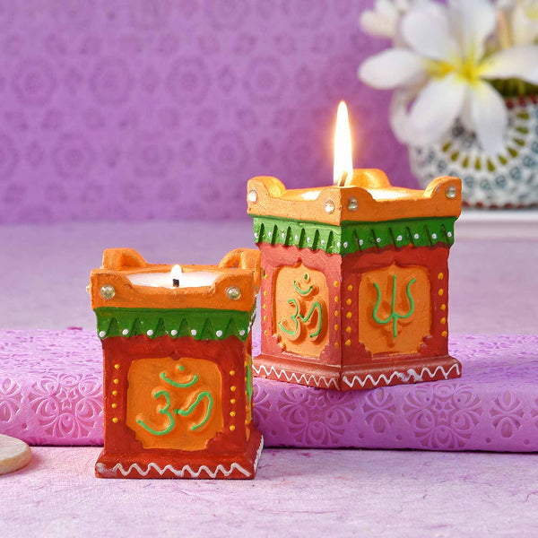Om Set Of 2 Clay Tulsi Diyas With Kaju Dalmoth