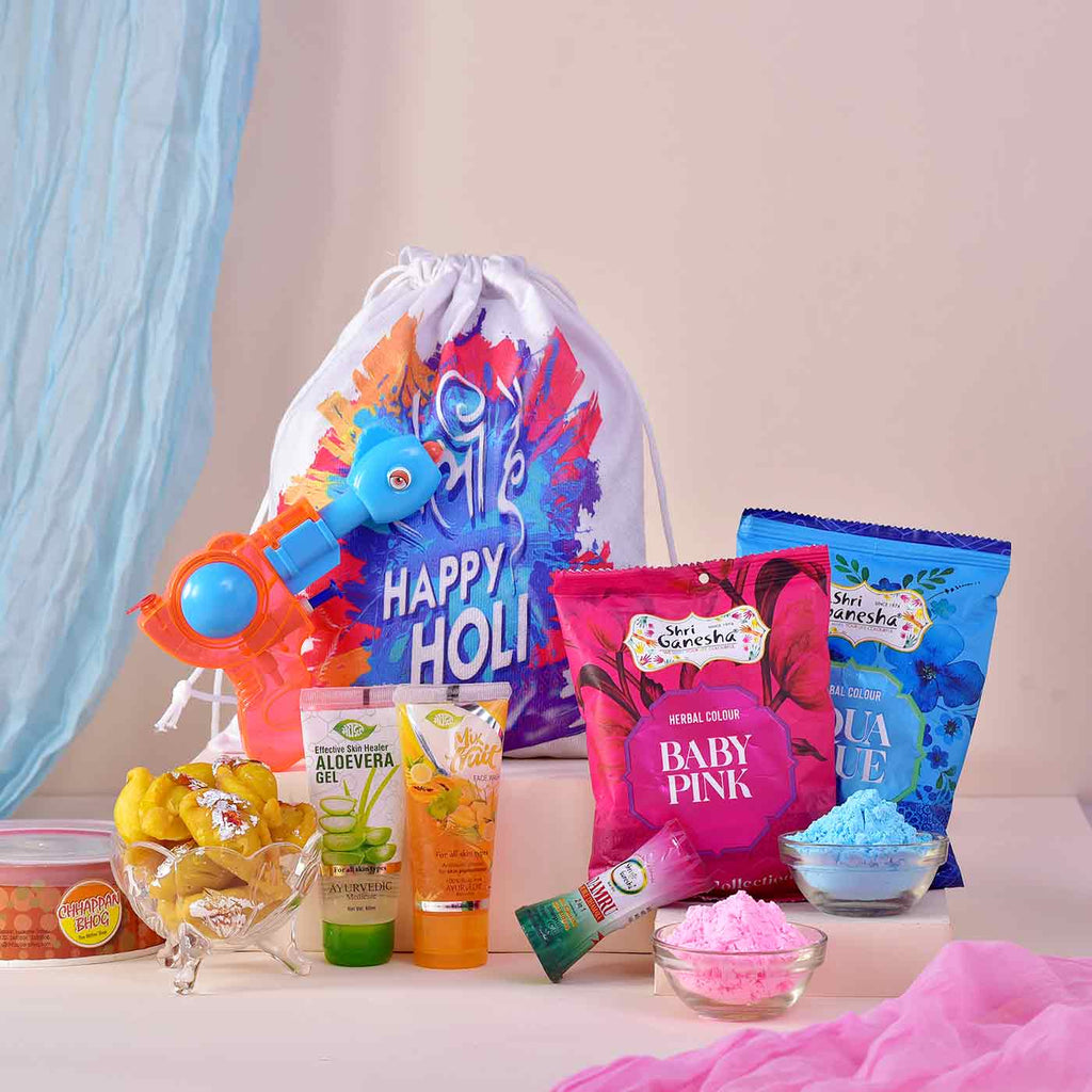 Wonderful Holi Hamper With Set Of 2 Gulal, Sweet, Pichkari, Water Colour, Gel, Facewash & Bag