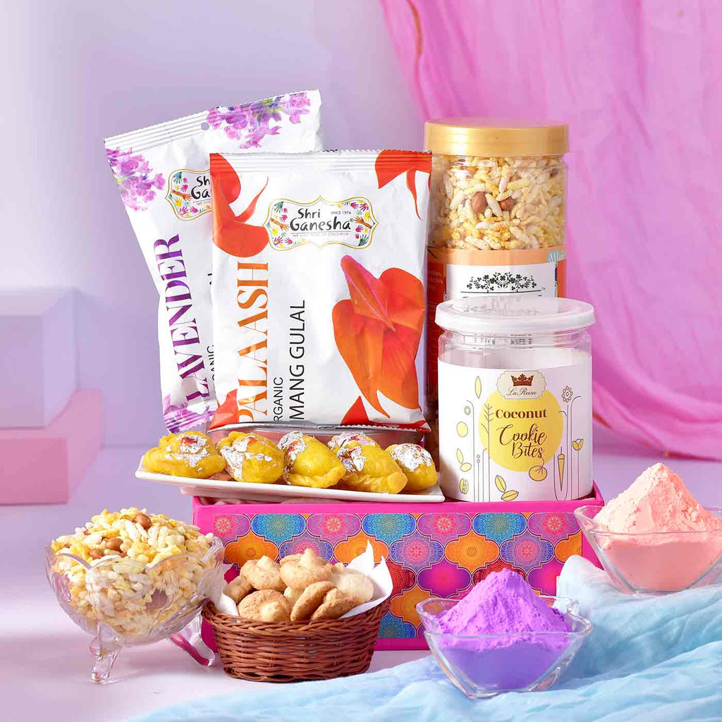 Exquisite Holi Hamper With Set Of 2 Gulal, Sweet, Namkeen, Cookies & Tray