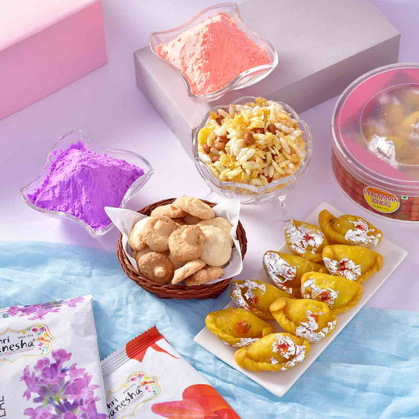 Exquisite Holi Hamper With Set Of 2 Gulal, Sweet, Namkeen, Cookies & Tray