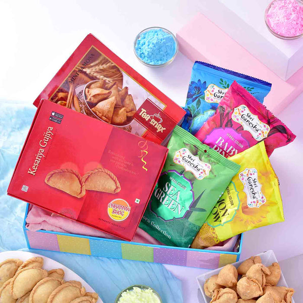 Indulgent Holi Hamper With Set Of 4 Gulal, Sweets, Snack & Tray