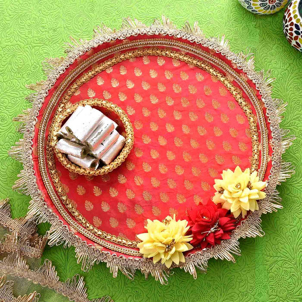 Floral Karwa Chauth Thali Set With Pista Rolls