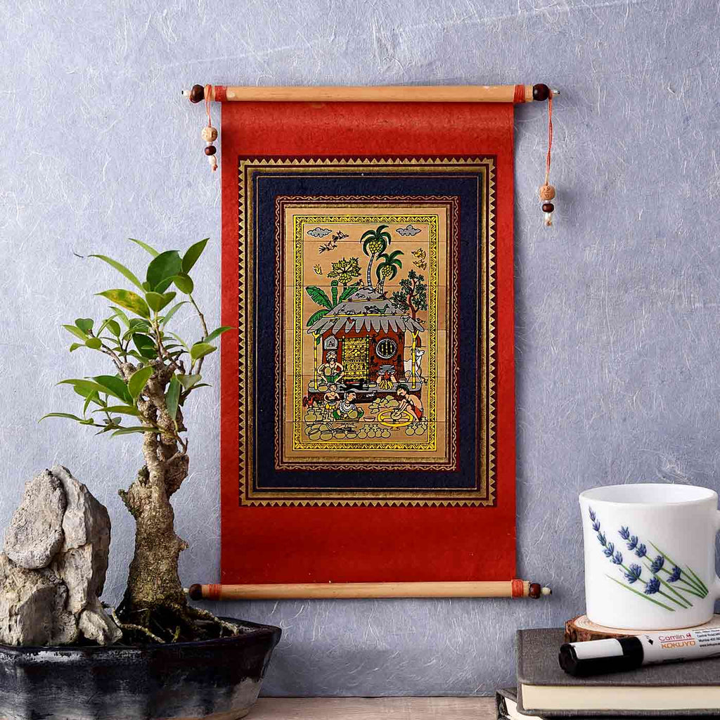 Tribal Village Life Palm Leaf Painting (6.3 * 10.8 Inches)