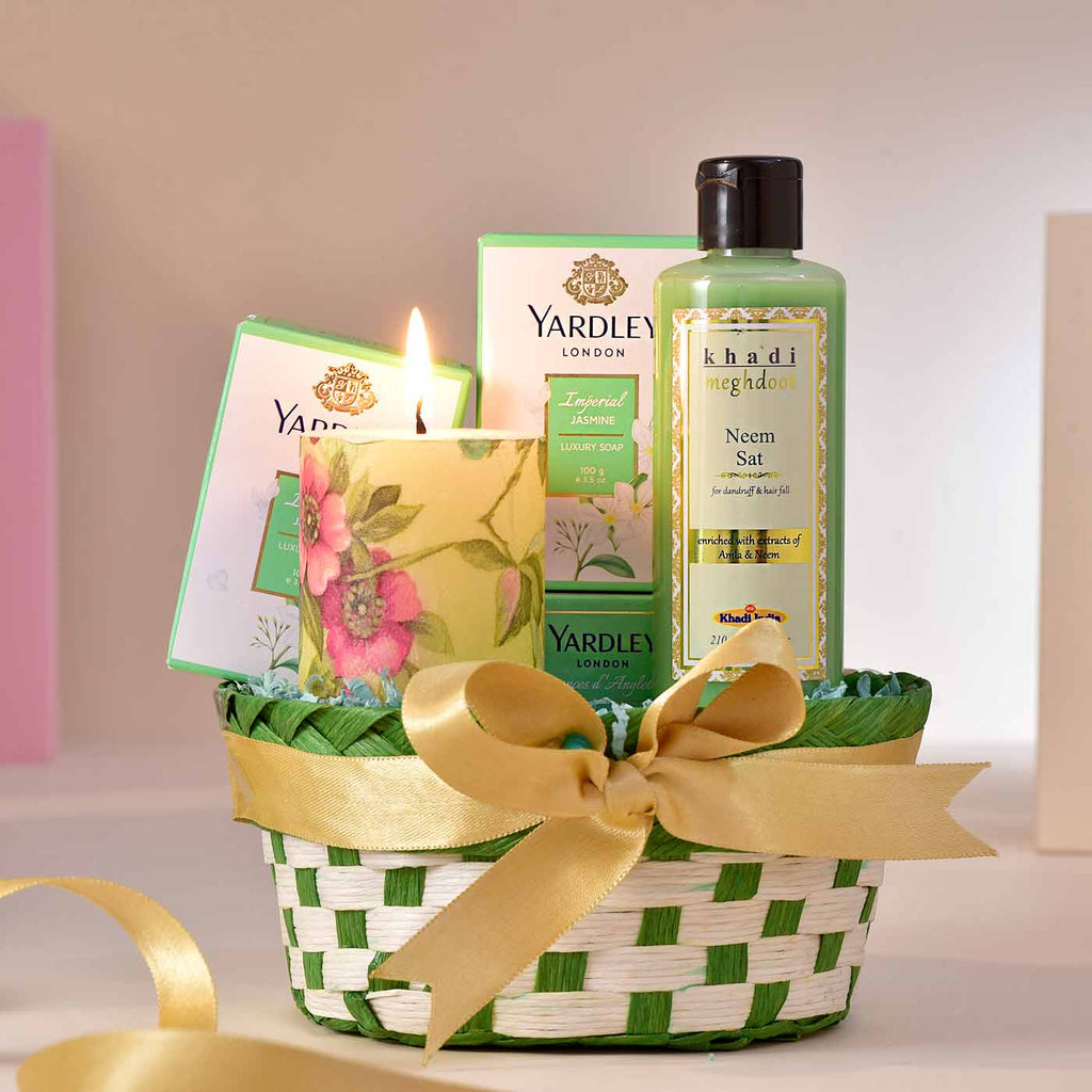 Charming Valentine Hamper With Soap, Shampoo, Candle & Basket