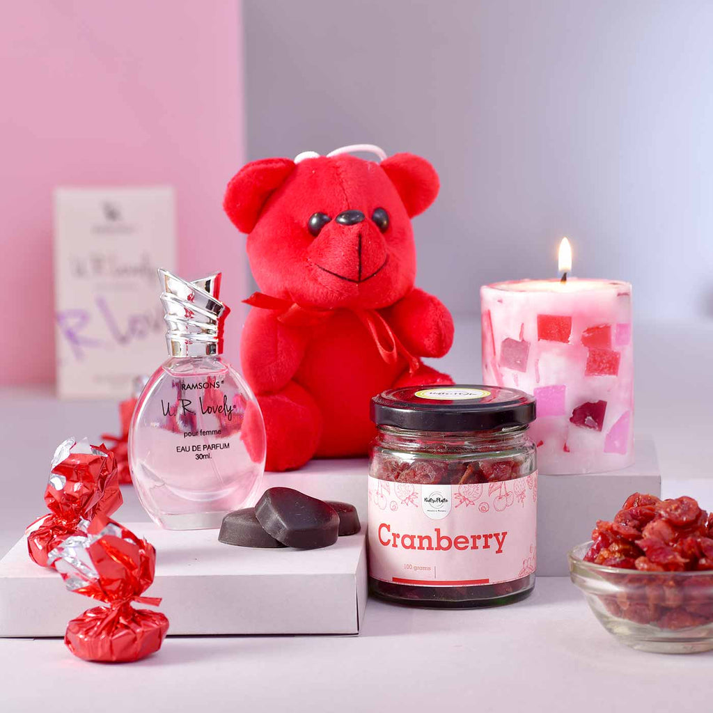 Enchanting Valentine Hamper With Perfume, Chocolate, Teddy, Candle & Snack