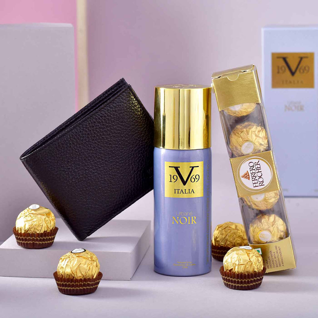 Mesmerizing Valentine Hamper With Wallet, Perfume & Ferrero Rocher