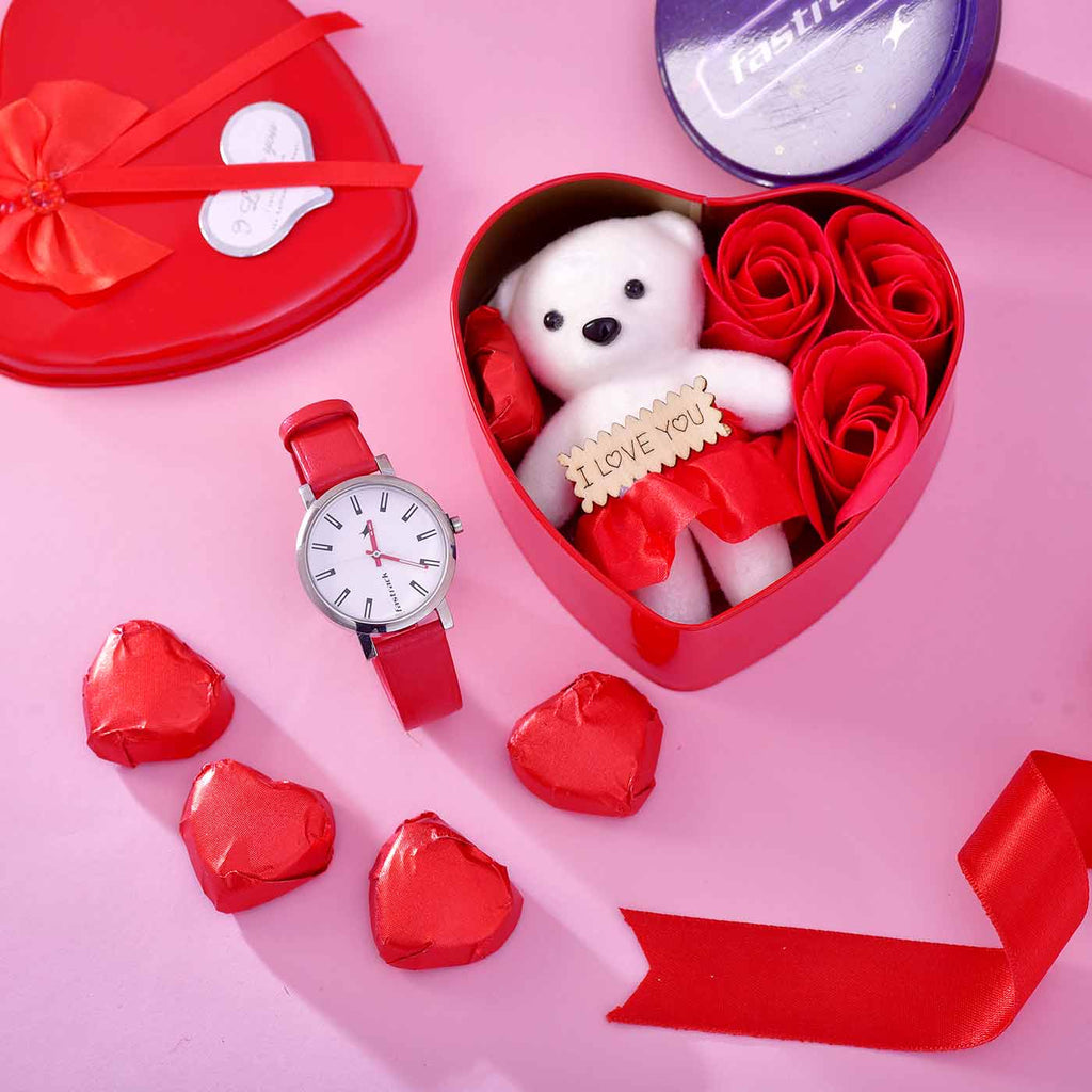 Lavish Valentine Hamper With Watch, Box, Teddy, Roses & Chocolate