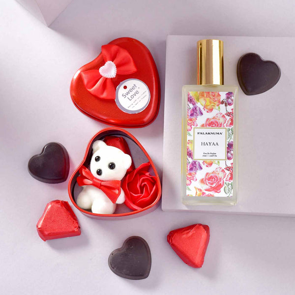 Exotic Valentine Hamper With Watch, Perfume, Teddy, Roses & Chocolate