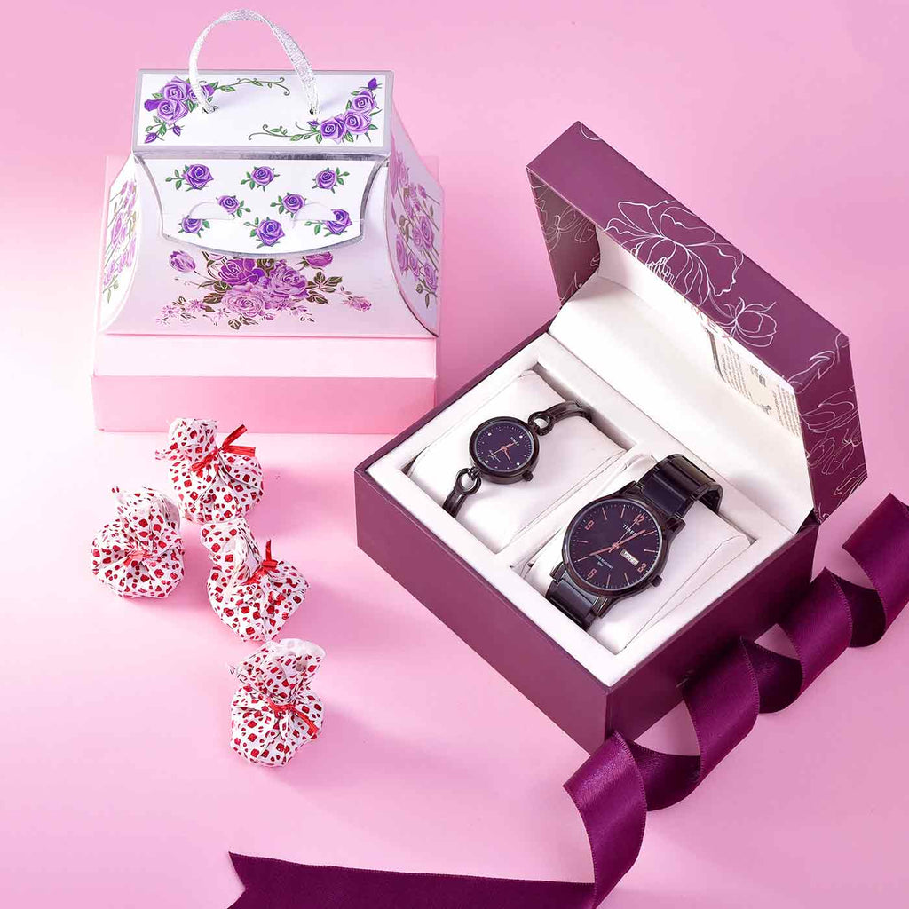 Passionate Valentine Hamper With Pair Of Watches & Chocolate