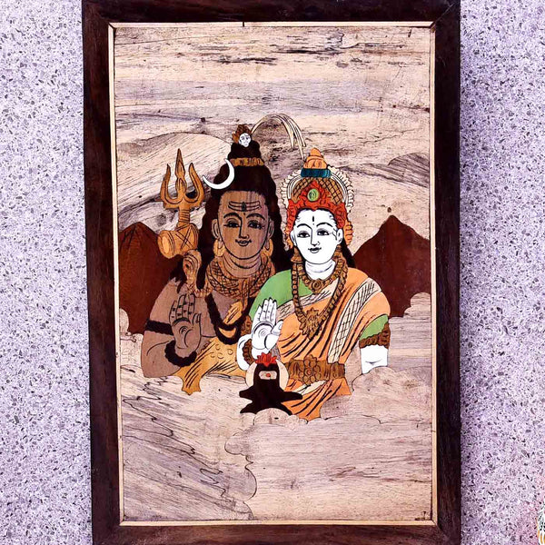 Enchanting Shiva & Parvati Wooden Inlay Artwork