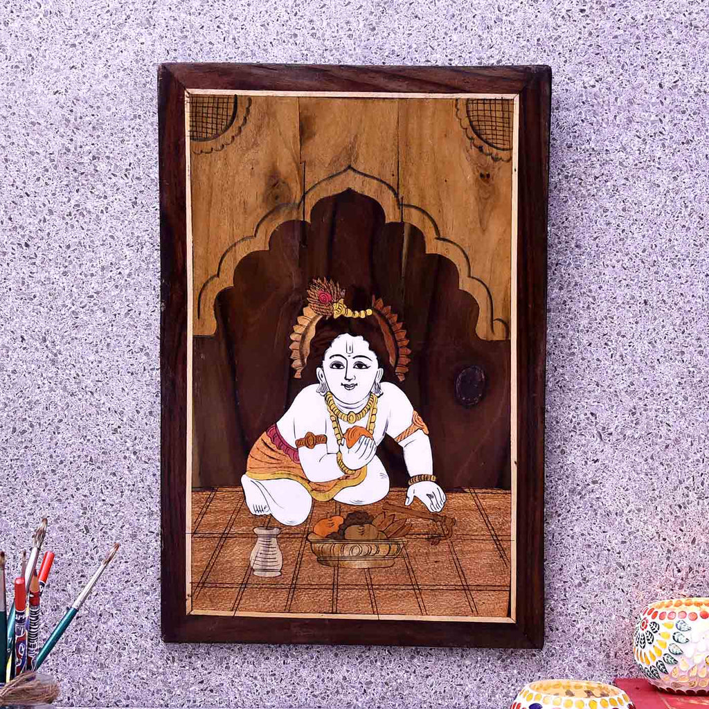 Divine Playful Krishna Wooden Panel Painting