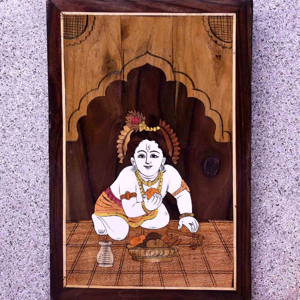 Divine Playful Krishna Wooden Panel Painting