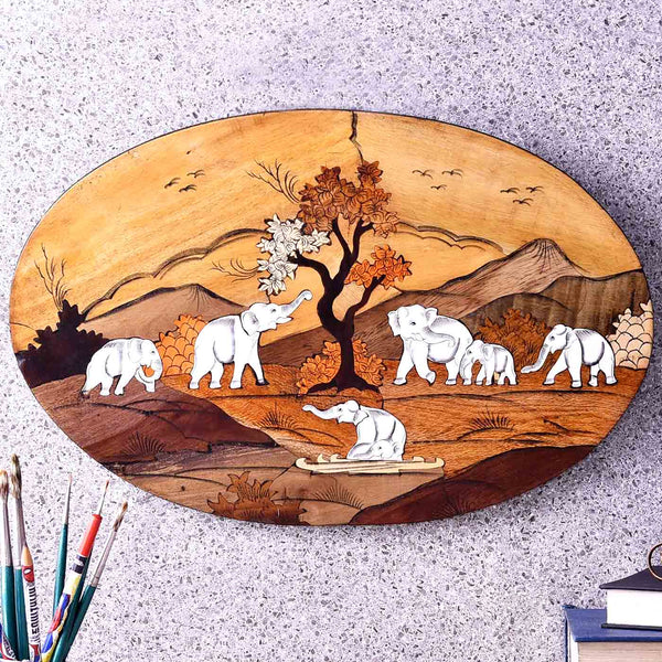 Exuberant Herd Of Elephant Oval Wooden Painting