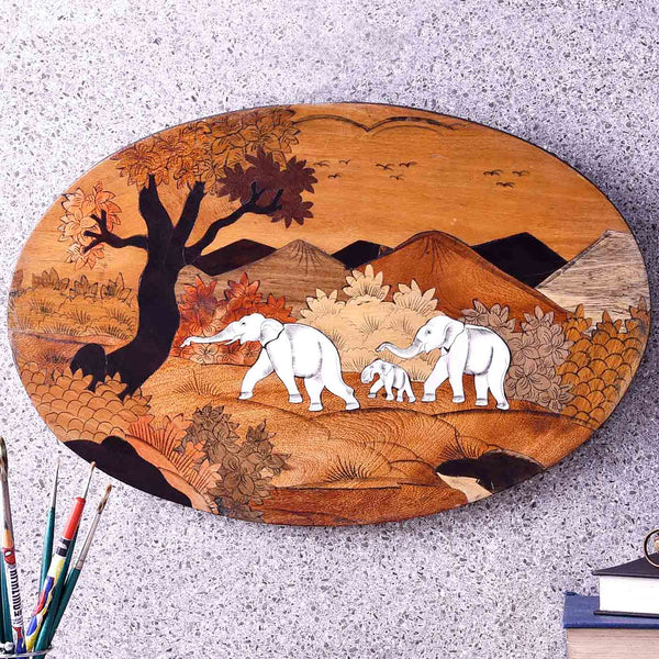 Happy Elephant Family Oval Wooden Panel Painting
