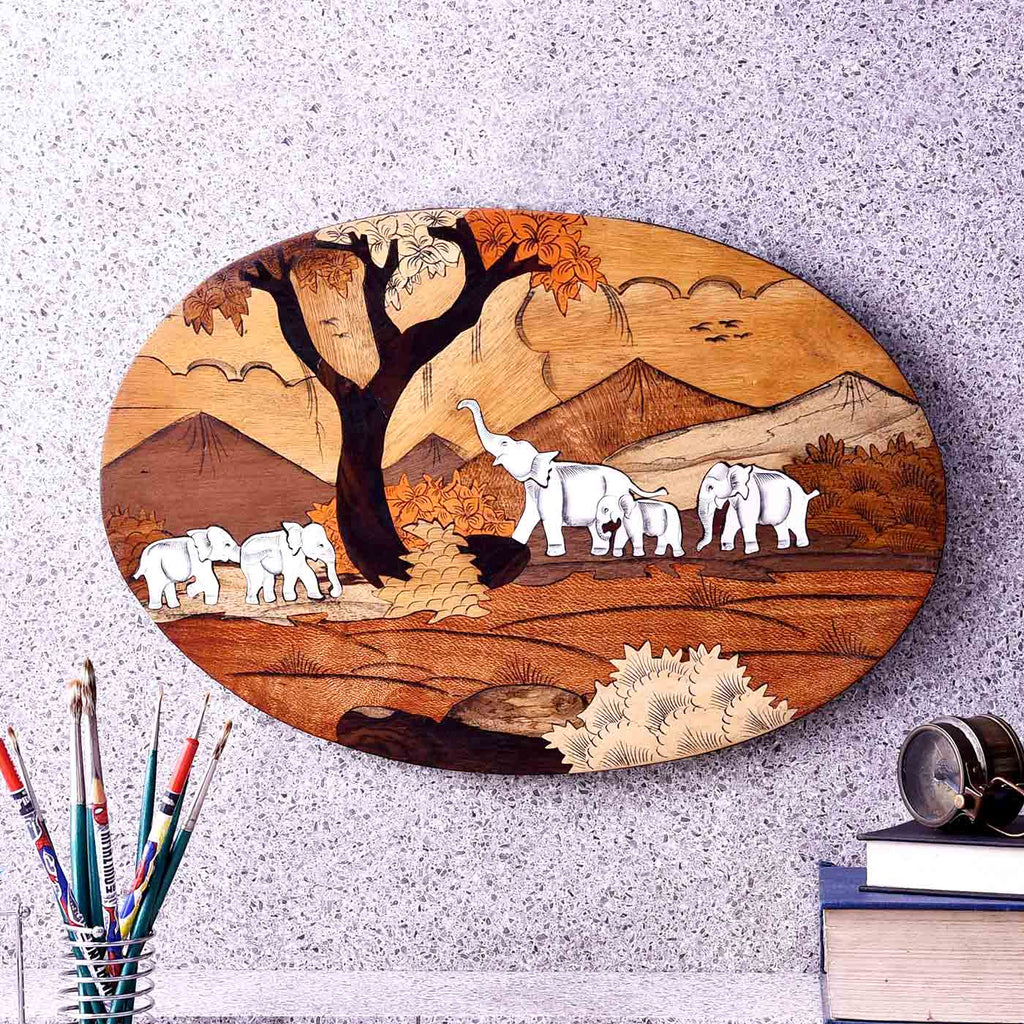 Merry Making Elephants Oval Wooden Painting