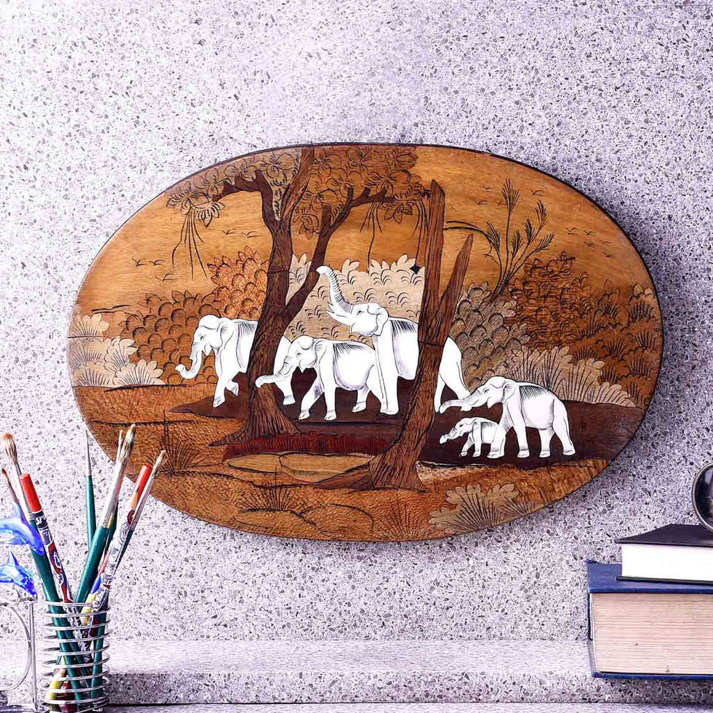 Tribe Of Elephants Oval Wooden Painting
