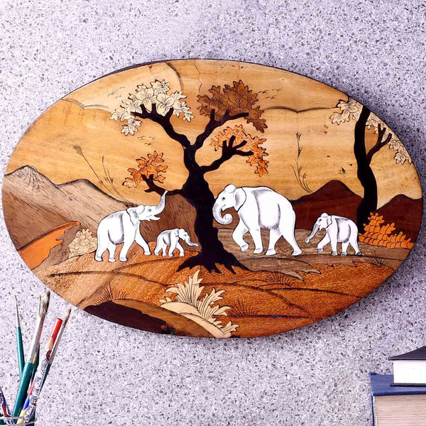 Cheerful Elephant Family Oval Wooden Painting